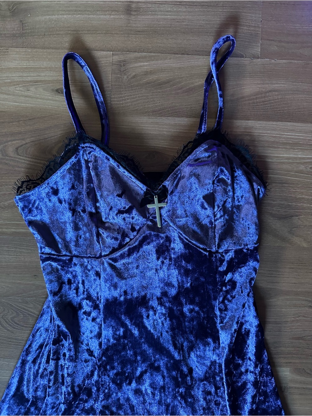 Cosmic Aura Purple Crushed Velvet Midi Slip Dress with Lace Trim Long Sleeved - Picture 6 of 10